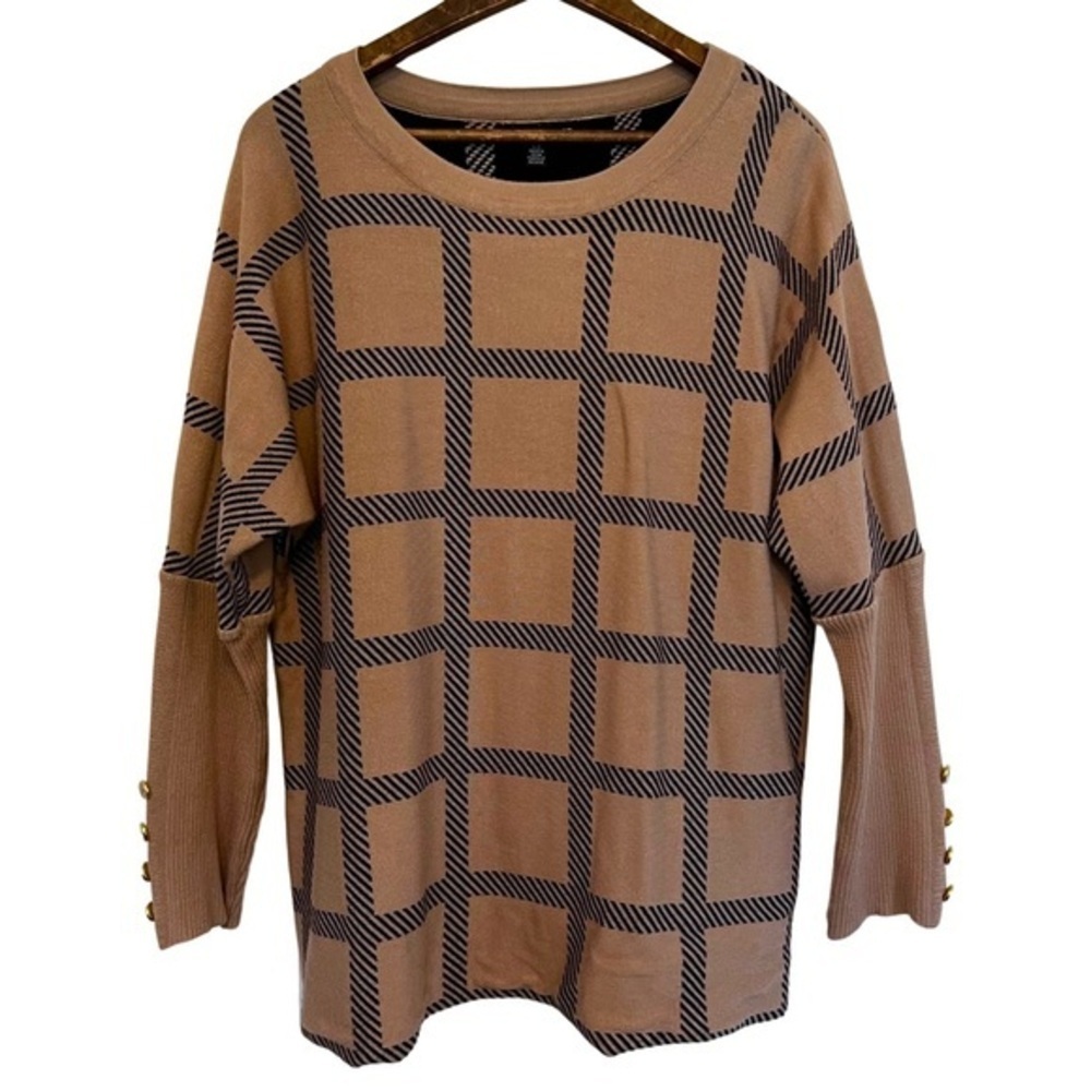 Women's Large Cable & Gauge Tan Square Patterned Sweater with Button Sleeves - Picture 3 of 9